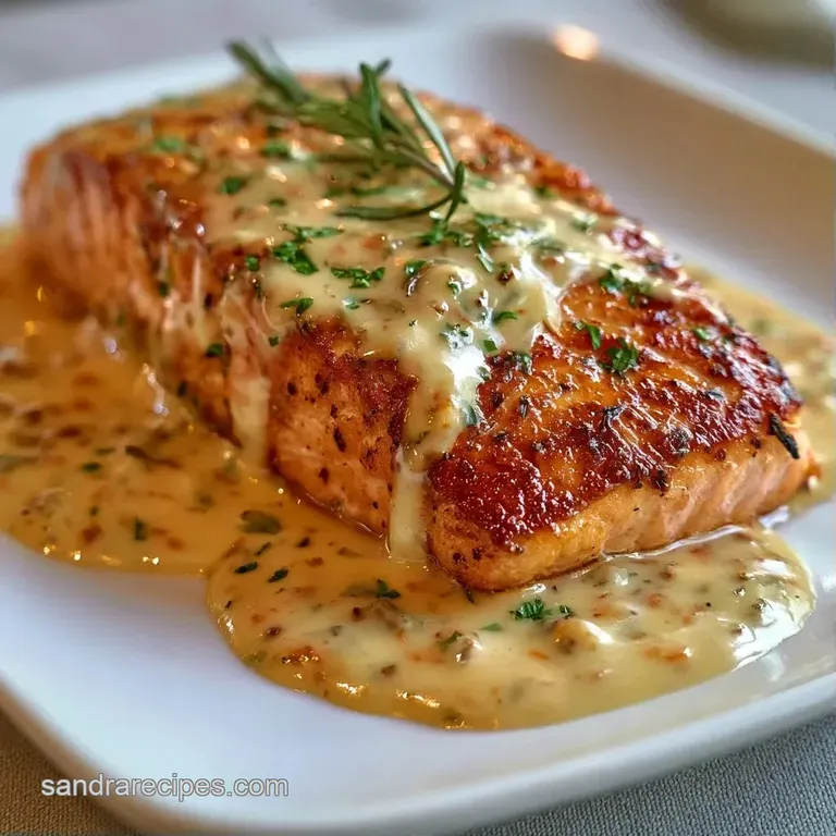 Flaky pink fillet resting on a swirl of rich cream sauce, garnished with microgreens on a clean white ceramic plate.
