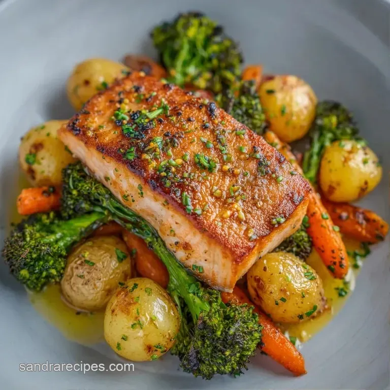 A seared salmon fillet resting on a bed of bright roasted vegetables with a fresh lemon wedge on a white plate.