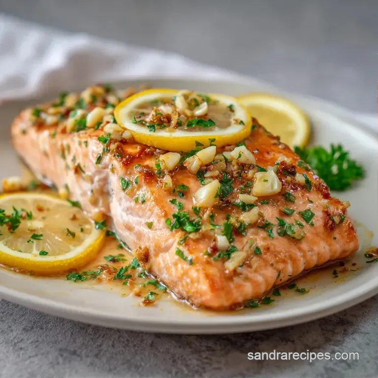 A pink salmon fillet on a white plate with steamed asparagus and a drizzle of bright yellow lemon butter sauce.