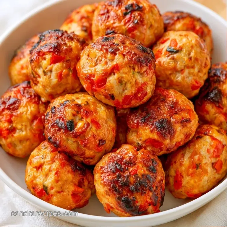 Three seared meatballs atop a swirl of creamy puree, topped with microgreens and a drizzle of vibrant red oil