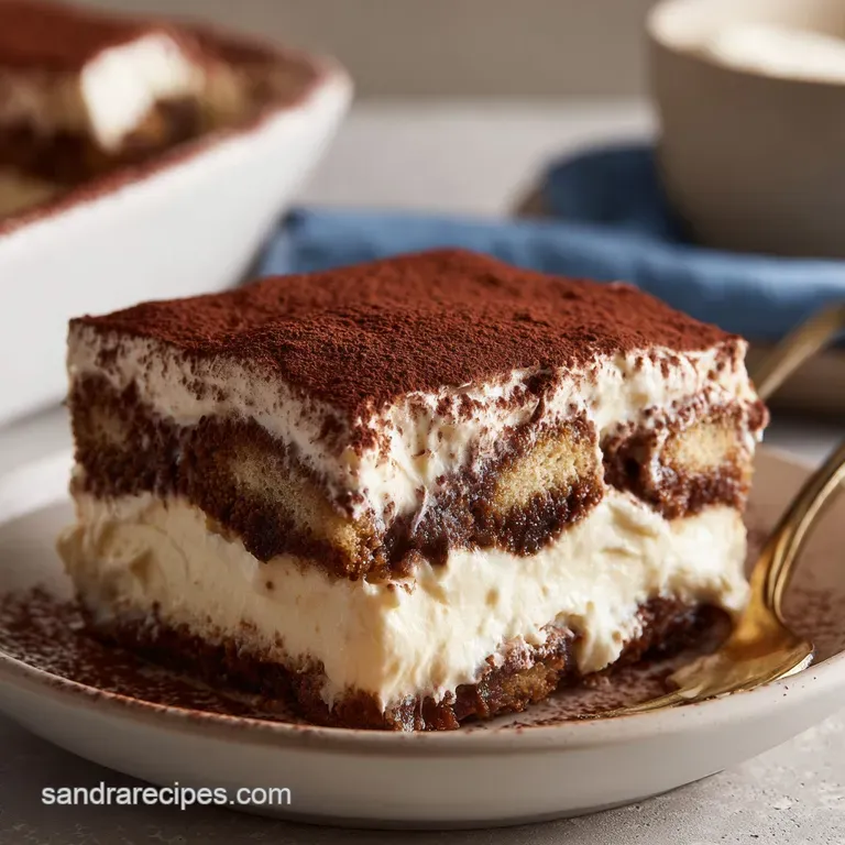 A neat slice of layered coffee dessert on a white ceramic plate with a silver fork and a sprinkle of cocoa powder.