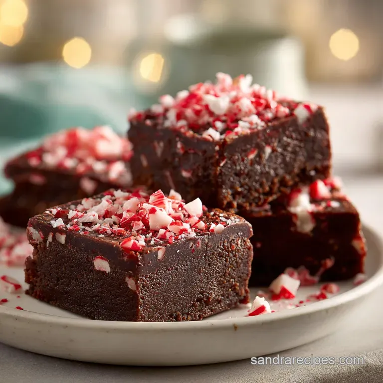 Neatly stacked chocolate squares on a white porcelain plate accented by a mint sprig and fresh red raspberries.