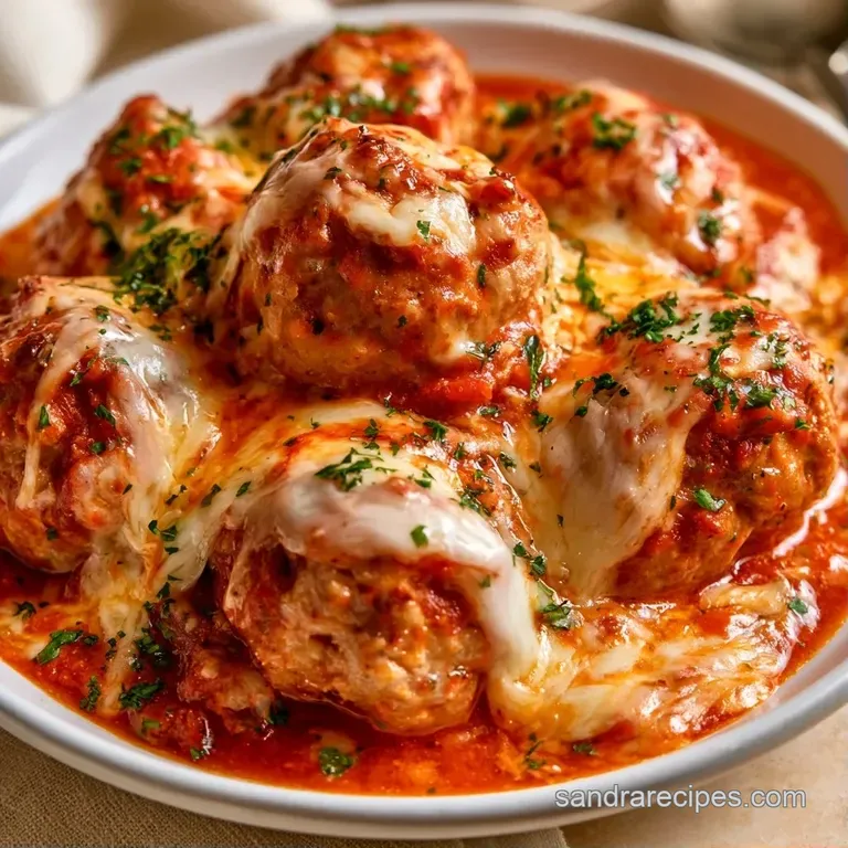 Golden-brown meatballs nestled in rich red sauce on a white plate, garnished with a sprig of fresh green basil.