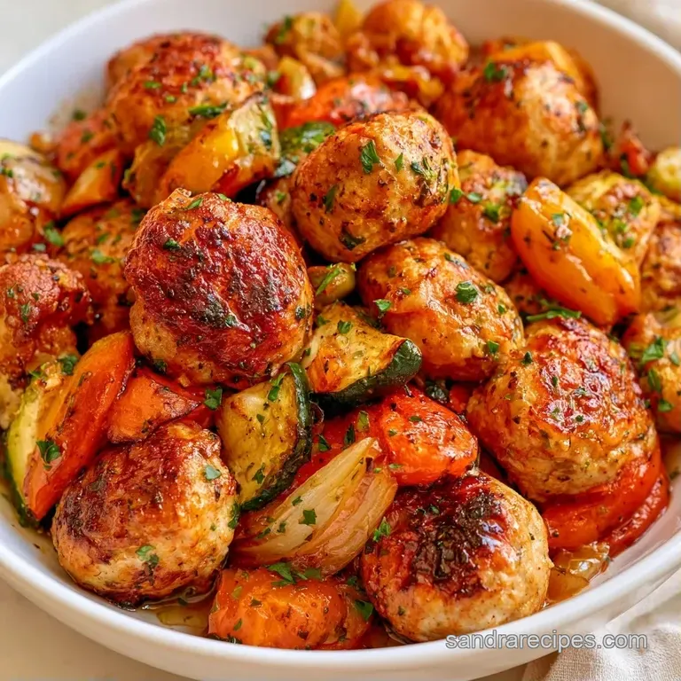 Plated golden meatballs paired with tender, caramelized carrots and charred florets on a minimalist white platter.