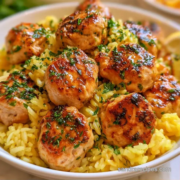 Seared brown meatballs nestled in a bed of steaming white rice inside a rustic cast iron skillet with green herbs.
