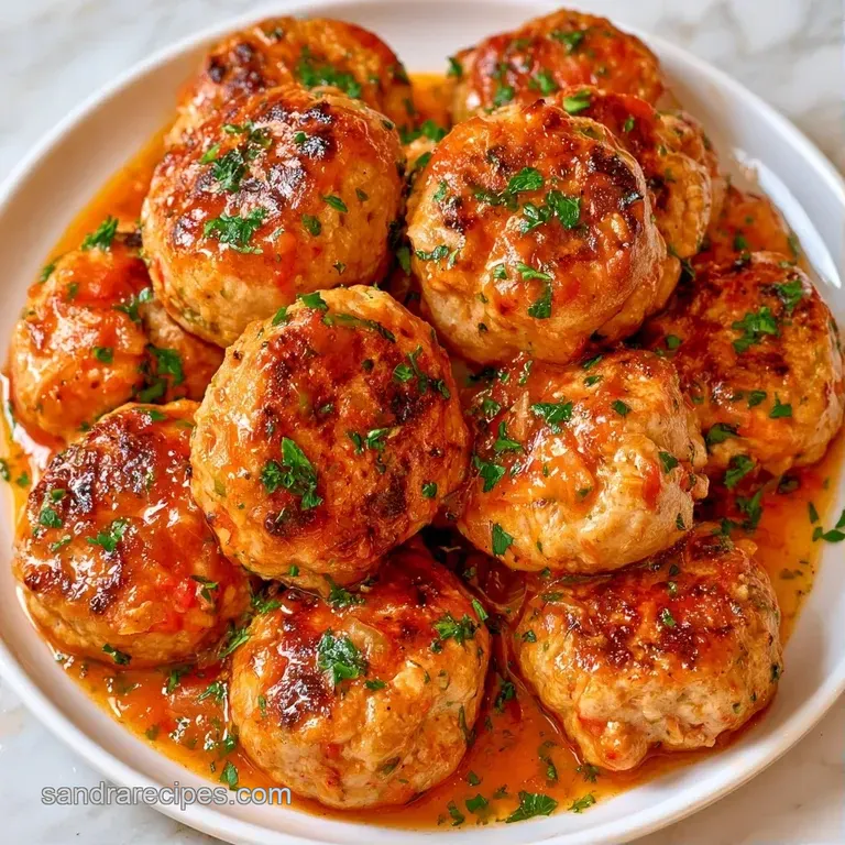 Savory browned meatballs in a glossy red sauce, elegantly plated with a fresh herb garnish on white porcelain.