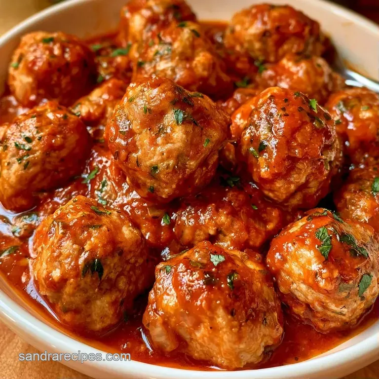 Three browned meatballs nestled in glossy red tomato sauce on a white plate with a sprig of fresh basil.