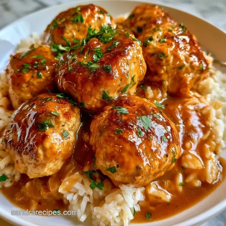 Neatly arranged seared meat spheres atop a bed of steamed rice, garnished with a sprinkle of fresh chopped parsley.