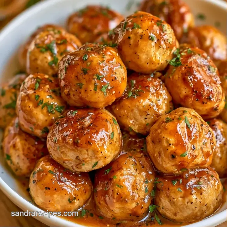 Three seared brown meatballs on a white ceramic plate with a swirl of sauce and a sprig of fresh organic parsley.