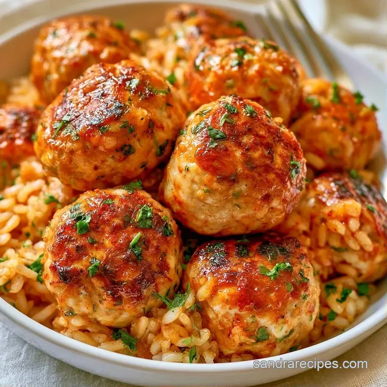 Three seared meatballs resting on a bed of creamy polenta, garnished with microgreens and a swirl of zesty sauce.