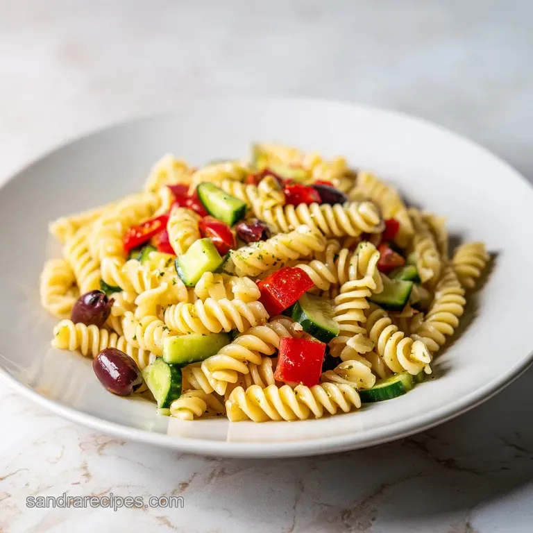 Vibrant pasta spirals tossed with crisp garden vegetables served in a white ceramic bowl with a sprig of parsley.