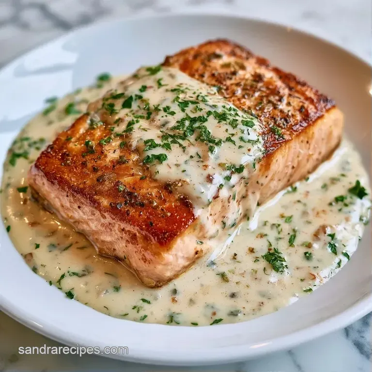 Golden-brown fish fillet elegantly plated on a white dish with a silky white sauce drizzle and a fresh lemon wedge.
